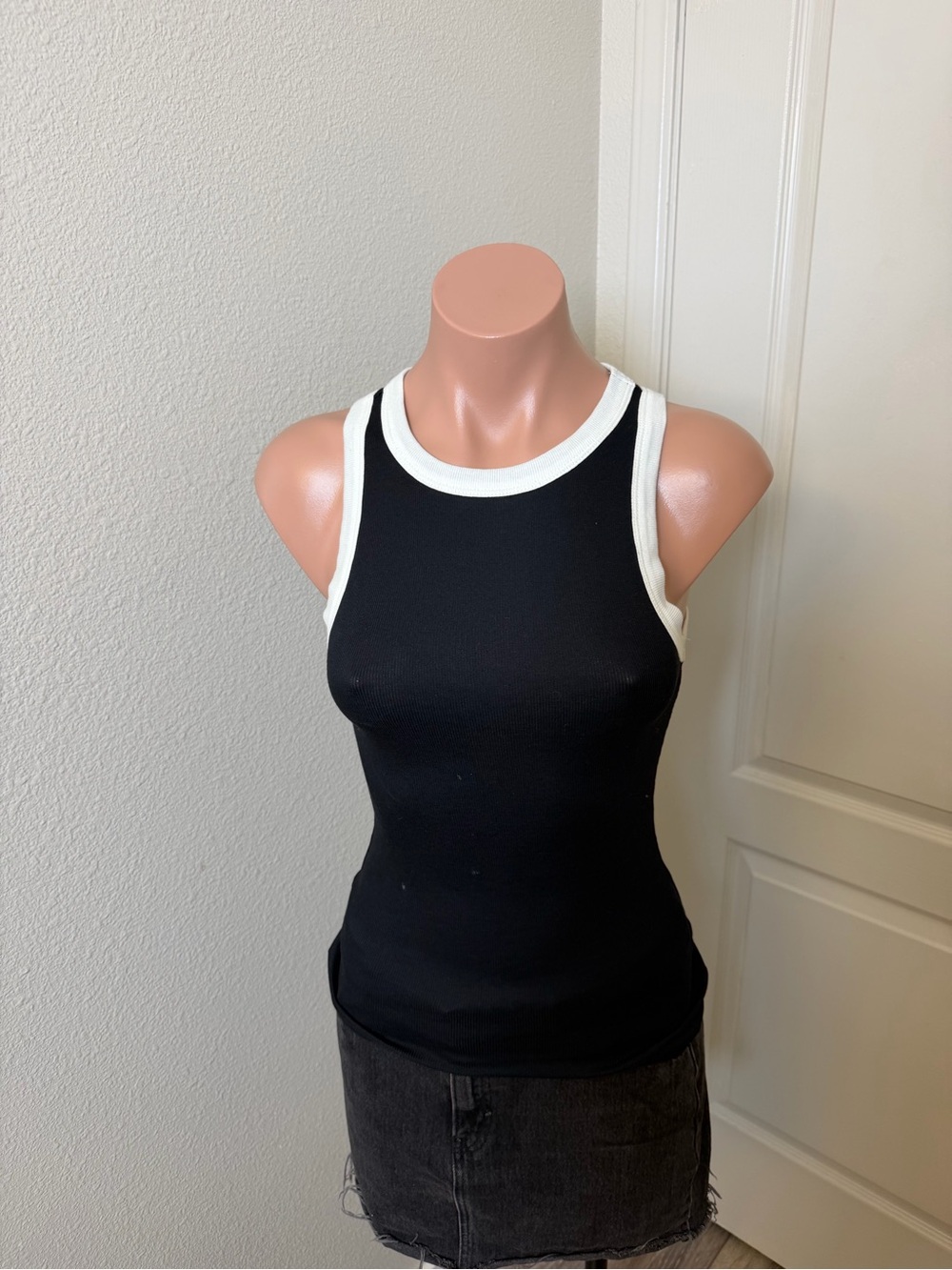 a new day Black Ribbed Tank with White Trim